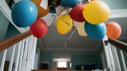 Festive Balloons Attached to a Broken Chandelier in a Stairwell