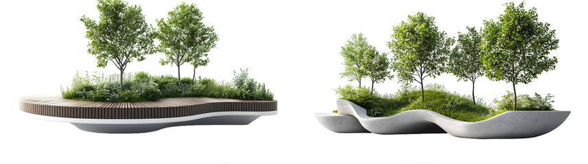 Innovative urban seating with integrated trees and greenery Modern outdoor furniture design ideal for public spaces and parks isolated