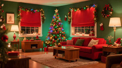 Obraz premium A vibrant living room decorated for Christmas with a colorful Christmas tree, red and green accents, string lights, and festive ornaments. Cozy and cheerful holiday atmosphere.