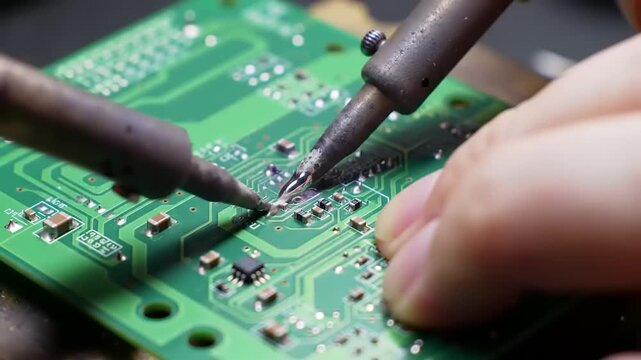 Close-up of a technician soldering components on a green circuit board in a workshop setting