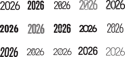 Collection of the year 2026 in different fonts isolated on transparent background