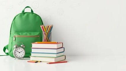 Green backpack with books, colored pencils and alarm clock on white background with school-themed doodles. Ideal for back to school and student supplies