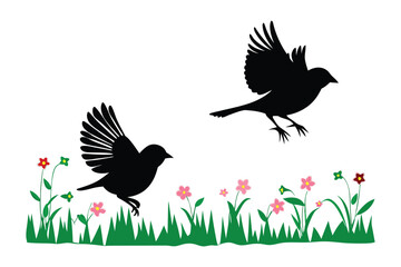 Silhouetted Birds Soaring: Two elegant bird silhouettes take flight against a backdrop of vibrant flowers and green grass, evoking a sense of freedom.