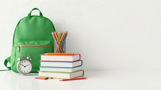 Green backpack with books, colored pencils and alarm clock on white background with school-themed doodles. Ideal for back to school and student supplies