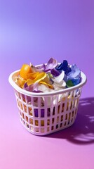 Vibrant Basket Filled with Colorful Flower Petals and a Fresh Orange