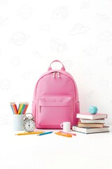 Pink school backpack with alarm clock, books and colorful pencils on white background with hand-drawn education icons. Perfect for back to school themes