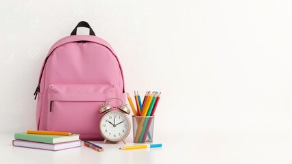 Pink backpack with school supplies, books, apple, clock, globe and toy school bus on white background. Ideal for back to school themes