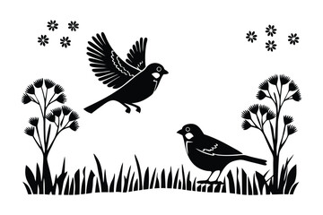 Birds in Nature's Embrace: Witness a pair of charming birds engaged in their daily activities. Set amidst an elegant arrangement of natural elements in the great outdoors.