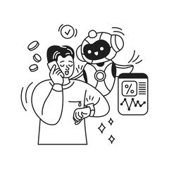 Illustration of a cheerful man interacting with a happy artificial intelligence assistant. Engaged in smartphone communication. Features a workflow chart, symbolizing efficiency and technology.
