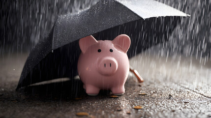 A conceptual image of a piggy bank under a rain-shielding umbrella, illustrating economic security and emergency funds.