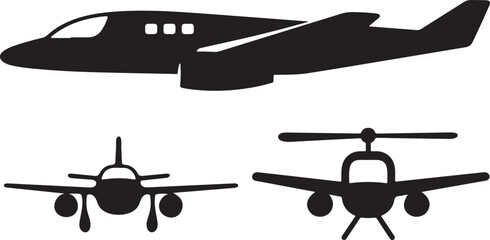 Silhouette of a private jet and two small airplanes isolated on transparent background