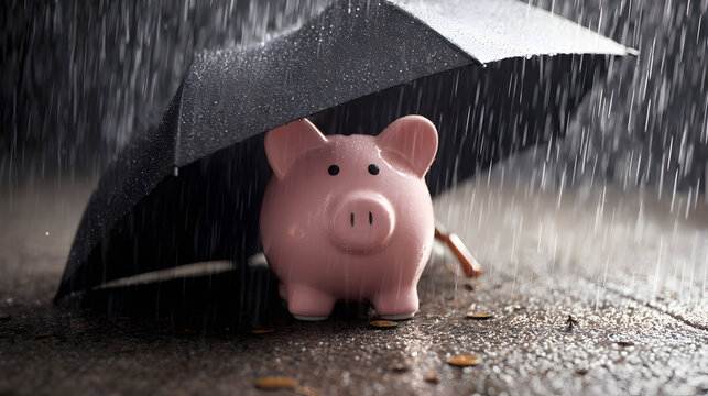 A conceptual image of a piggy bank under a rain-shielding umbrella, illustrating economic security and emergency funds.