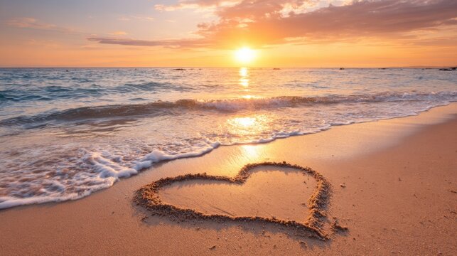 A heart shape drawn in the sand at sunset on a beach, with waves gently touching the outline, symbolizing love and romance for Valentines Day