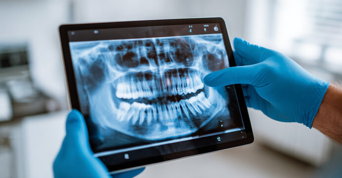 Dentist examining a dental X-ray on a digital tablet in a clinic, close-up view. - Powered by Adobe