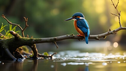 Blue Orange Kingfisher Bird Perch on Moss Branch over Water Reflection
