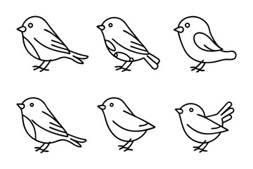 Fototapeta premium Charming Bird Collection: A set of six minimalist line drawings of adorable birds in various poses, each with its unique charm and character. Evoking the essence of avian grace and simplicity.