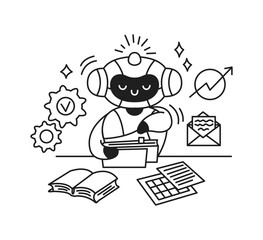 Cute artificial intelligence with friendly expression analyzing documents. Set in an office background with gears and charts. Black and white style illustration with a futuristic feel.