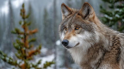 Obraz premium Close-Up Portrait of a Brown Wolf in Snowy Forest Landscape