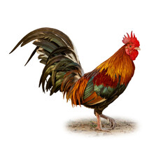 Red Junglefowl standing proudly with vivid plumage and arched tail feathers.