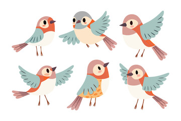 Whimsical Bird Collection: An enchanting set of playful bird illustrations showcases various poses and styles. Featuring vibrant colors and delightful details.