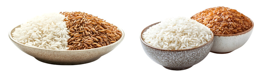 Jasmine rice and brown rice in plate isolated on a transparent background