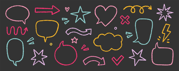Chalk pencil speech bubbles, arrows and ribbons doodle set. Crayon communication frame, comic talk balloon in sketch style, Grunge texture. Hand drawn vector illustration isolated on white background