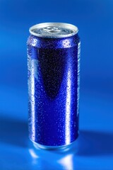 Refreshing Close up of a Wet Blue Can, Covered in Water Droplets