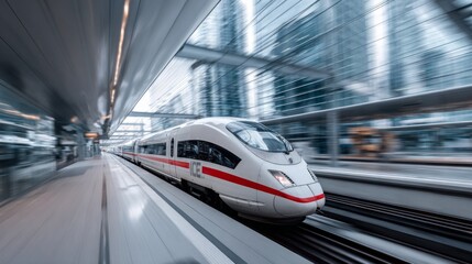 A high-speed train traveling through a high-tech station, with modern architecture in the background and the trains streamlined design standing out