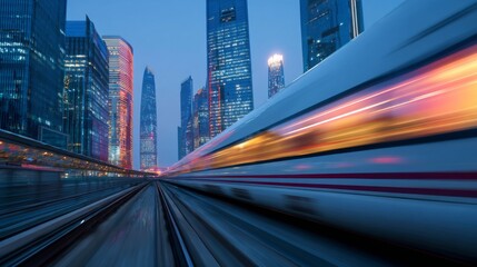A high-speed train zooming through a modern cityscape, with tall buildings and glass skyscrapers reflecting in the windows of the train