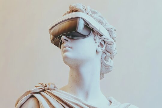 Classical sculpture wearing futuristic vr headset
