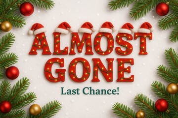Festive Christmas design with "Almost Gone" in illuminated red letters wearing Santa hats, surrounded by pine branches and red and gold ornaments on a snowy background.
