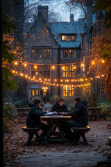 Naklejka premium men sitting at a table outside a house.