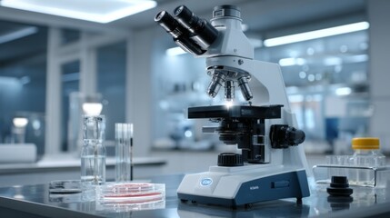 A high-tech microscope in a laboratory setting, with its focus on a prepared slide, surrounded by scientific equipment and a clean, modern workspace