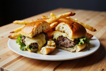 A mouthwatering cheeseburger and fries on a white plate, showcasing golden fries, melted cheese, fresh lettuce, and a juicy burger patty