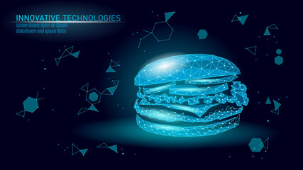 Burger icon representation. Polygonal hamburger graphic innovative depiction. Food restaurant economics finance business. Dark blue background neon blue vector