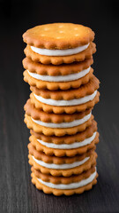 A stack of round, golden-brown cookies with a white cream filling are neatly stacked on top of each other, positioned in the center of the image.