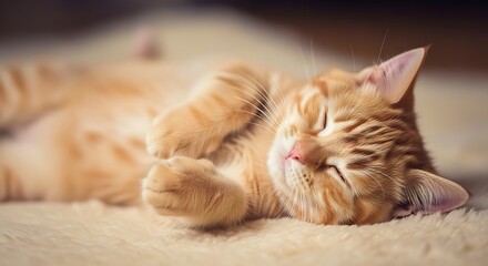 Fototapeta premium Orange cat peacefully sleeping on a bed 