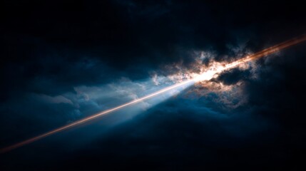 A light beam cutting through a dark stormy sky, with radiant light spreading outward and disappearing into the distance, representing light's rapid speed through time and space