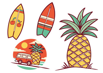 Fototapeta premium Colorful Retro Tropical Summer Icons Collection: Surfboard, Pineapple, Palm Trees Beach Scene, and Vintage Van for Vacation and Travel Designs