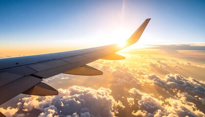 Fototapeta premium Airplane Wing Silhouetted Against Golden Sunset Above Fluffy Clouds