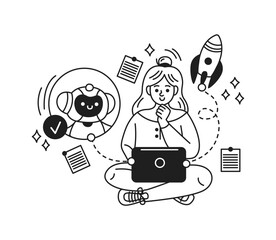 Illustration of a thoughtful woman using a laptop. Surrounded by AI symbols and documents, suggesting innovation and technology in a futuristic style. Monochrome palette.
