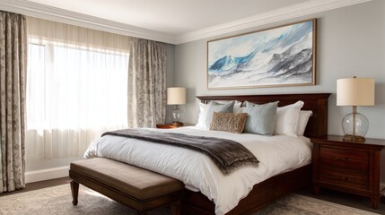 A luxury bedroom with a large bed featuring crisp white linens, dark wood furniture, elegant curtains, and a statement wall art, bathed in soft, ambient light