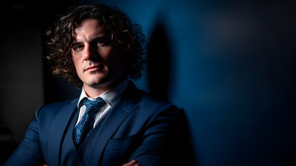 Fototapeta premium curly man in a blue suit against the background of a blue wall