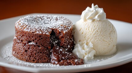 Indulgent molten chocolate lava cake with creamy vanilla ice cream and a dusting of powdered sugar.