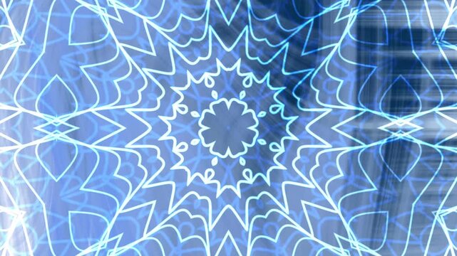Icy Blue Depths Elegant blue kaleidoscope animation featuring intricate floral patterns and symmetrical design elements seamlessly looping