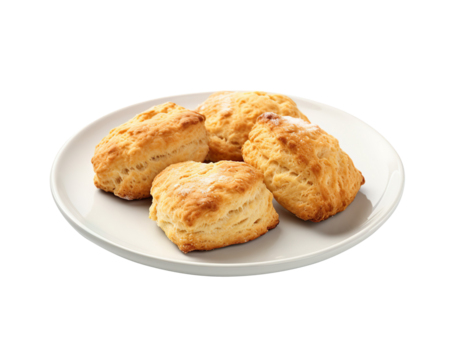 freshly baked scones on a plain white plate. No additional elements, just the scones and the plate, presented in a clean, minimalistic style. The scones should look golden brown and delicious