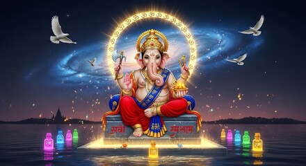 Ganesha hindu god illustration with galaxy background and doves for spiritual wallpaper art