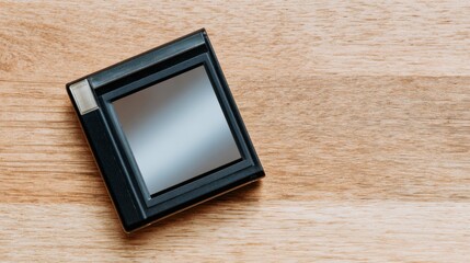 Fototapeta premium A vintage polaroid frame on a wooden table, captured from an overhead angle in minimalist style.