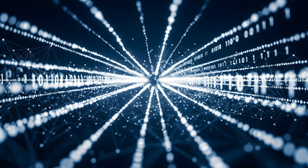 Abstract digital tunnel of glowing binary code streams converging at a central vanishing point.