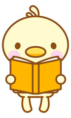 本を読むひよこのイラスト、ラインアート、線画